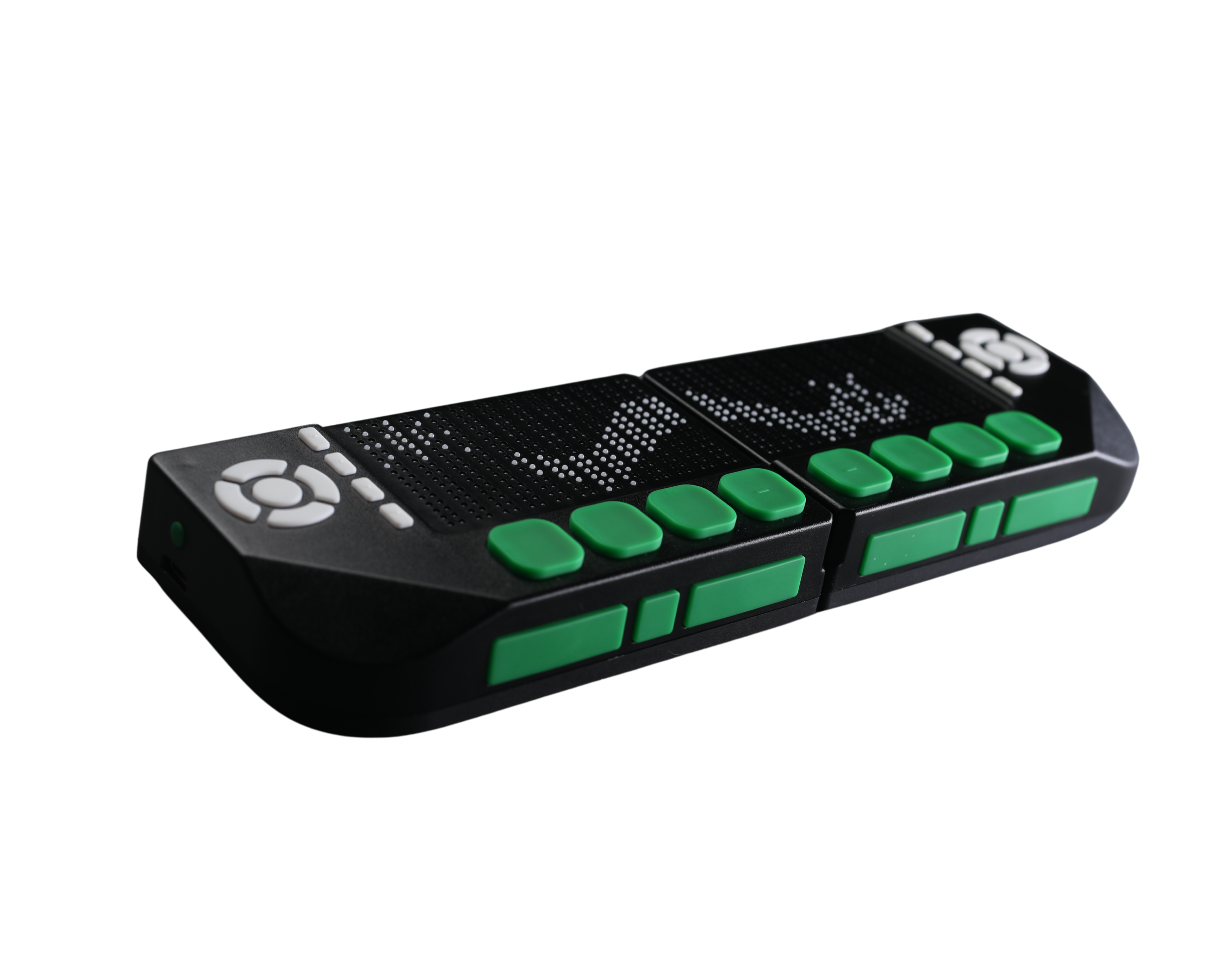 Angled view of the Cadence Pro, showing two tactile braille display modules with green keys and directional controls.