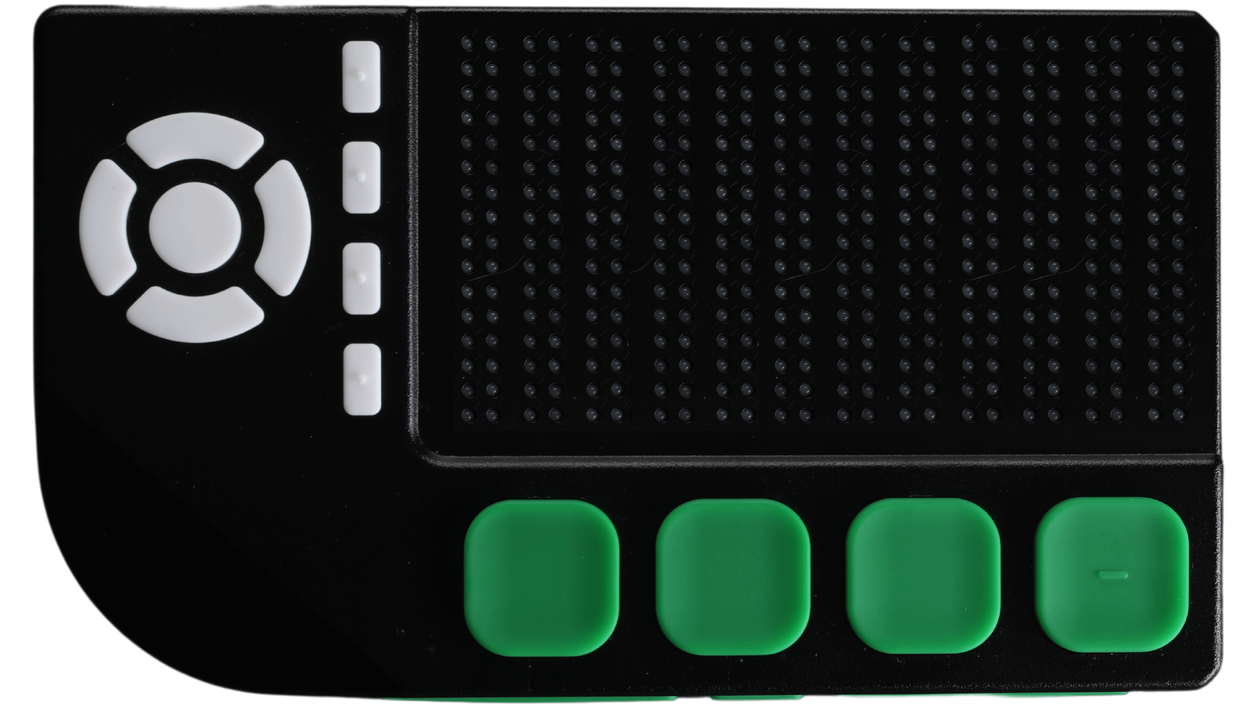 Image of the compact Cadence Pocket tablet showing a single tactile display with input buttons.