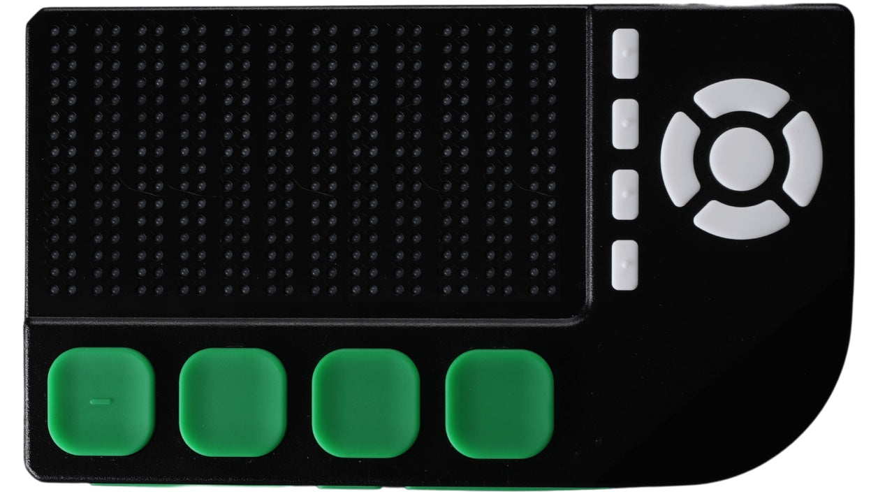 Image of the compact Cadence Pocket tablet showing a single tactile display with input buttons.